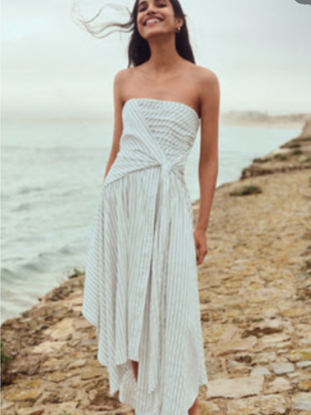 Anthropologie Strapless White with Light Gray Pinstripes Midi Dress